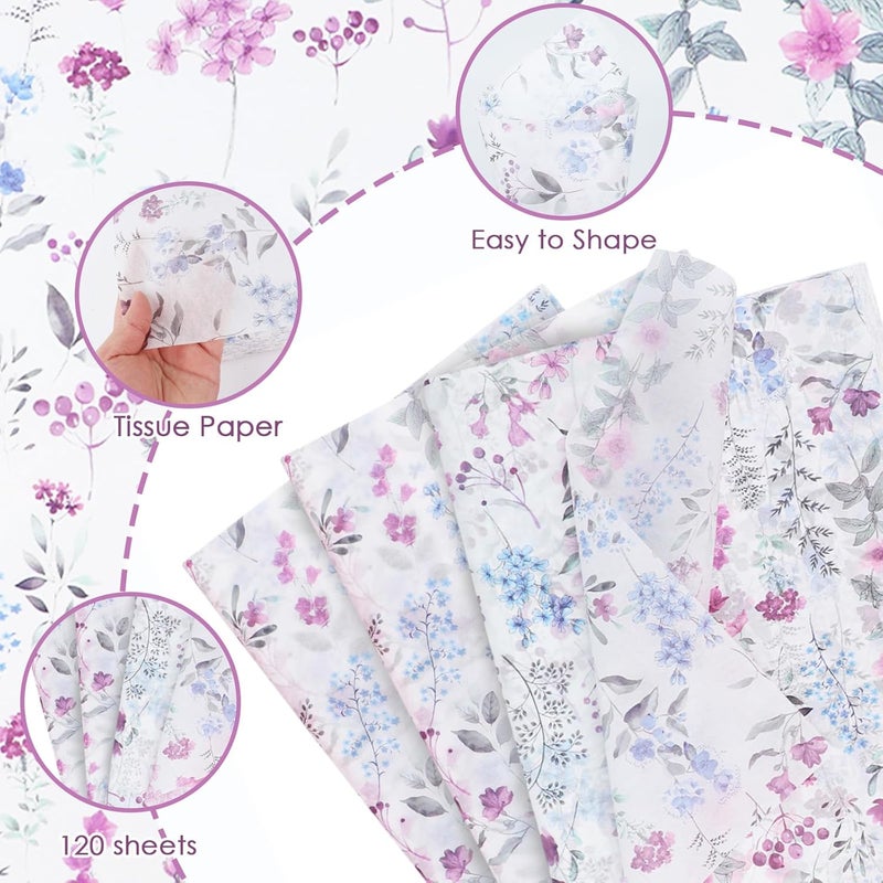 Ethanberg 120 Sheets Gift Wrapping Tissue Paper Bulk, Purple Watercolor Wildflower Print Tissue Paper for Gift Bags, Decorative Art Papers for DIY Crafts Wedding Birthday Holiday Party Decor, 20x14 Inches - Image 3
